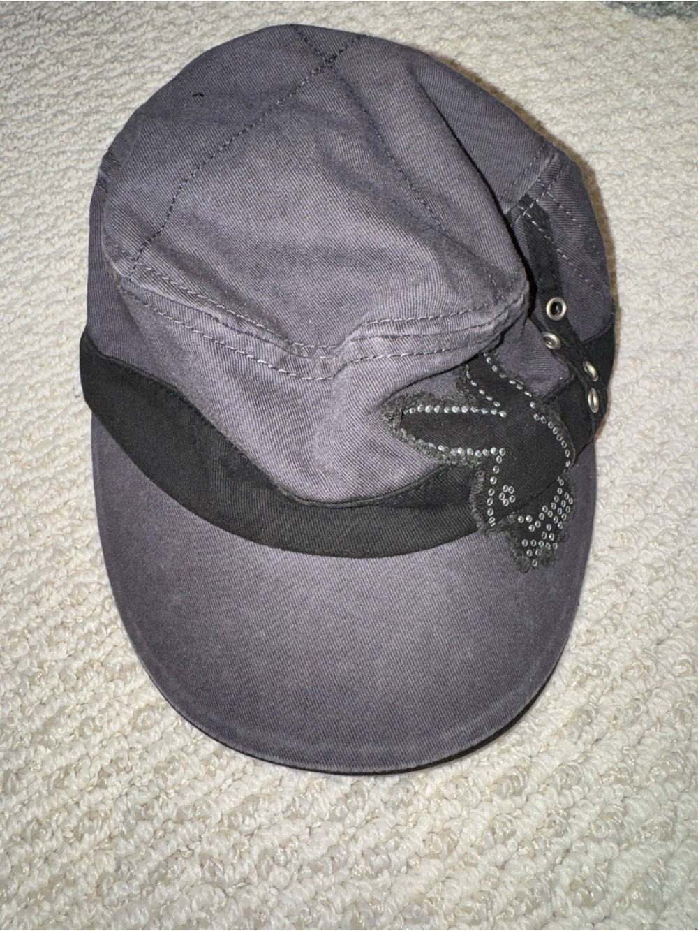 Dark Gray Military-Style Cadet Cap with Decorative Stud Flower